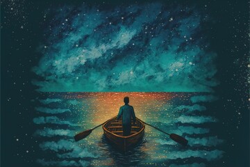 Fototapeta na wymiar A man is sailing on a boat under a beautiful night sky