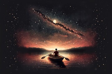 Naklejka na ściany i meble A man is sailing on a boat under a beautiful night sky