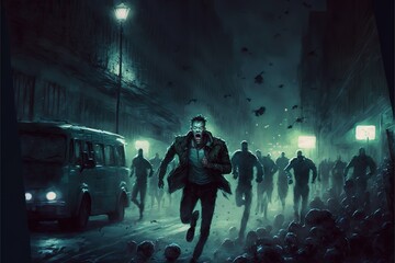 Fototapeta na wymiar Zombies are running through the night city