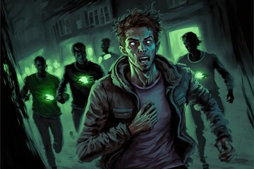 Fototapeta na wymiar Zombies are running through the night city