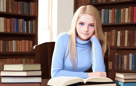 portrait of a teen student in a library - Generated by Generative AI