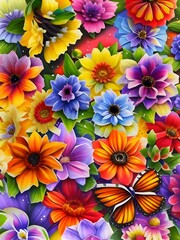 Fototapeta na wymiar Colorful flowers background. Beautiful picture of colorful flowers and butterflies.