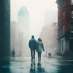 Couples walking along the foggy street
