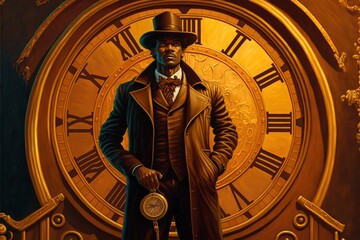 A man stands in front of a large gold watch, steampunk illustration