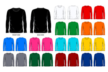 Thirteen colors long sleeve t shirt design template front and back view