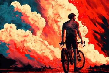 A man with a bicycle on a background of red clouds in the sunset