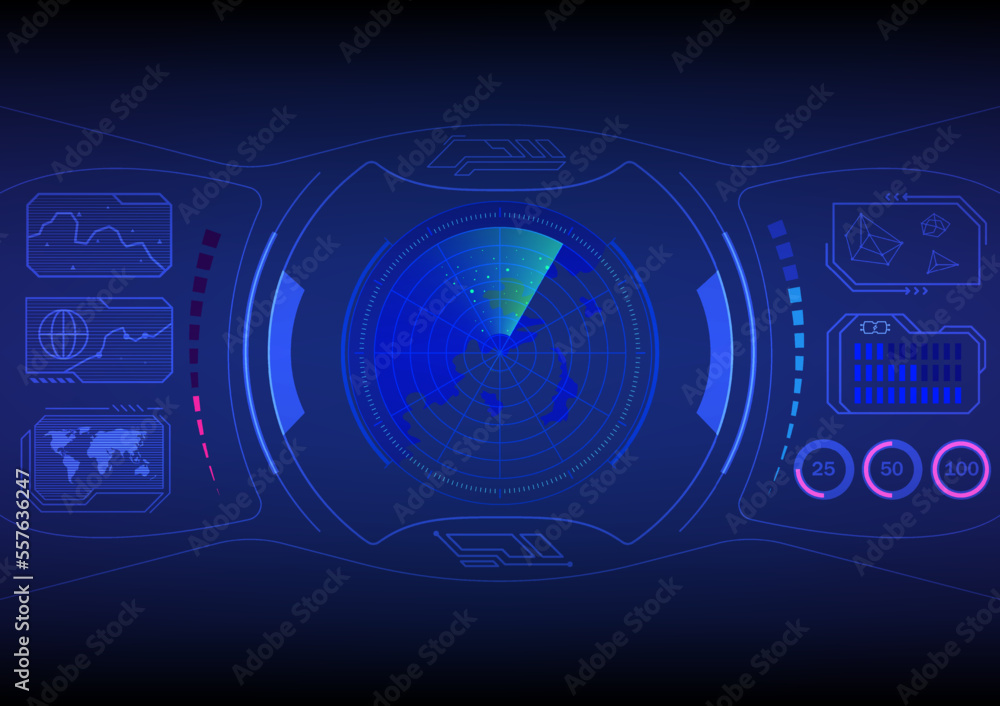 Poster high tech abstract virtual screen. the radar scan screen in the center, the blue and red scales. ene
