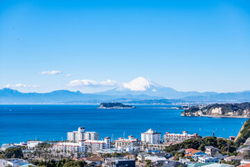 神奈川県逗子市披露山からの湘南江ノ島と富士山