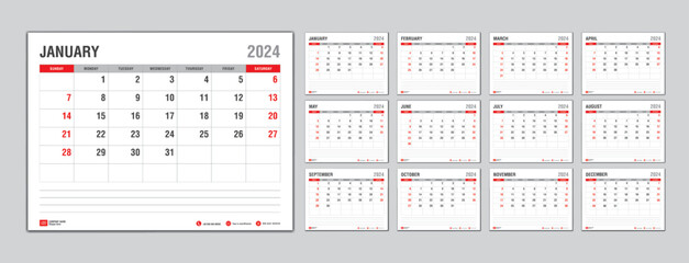 Monthly calendar template for 2024 year, Week Starts on sunday, Planner 2024 year, Wall calendar in a minimalist style, desk calendar 2024 template, New Year Calendar Design, Business template Vector