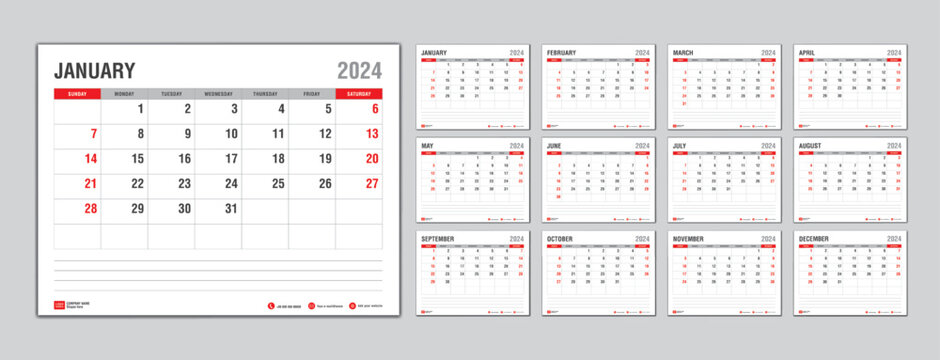 Monthly calendar template for 2024 year, Week Starts on sunday, Planner 2024 year, Wall calendar in a minimalist style, desk calendar 2024 template, New Year Calendar Design, Business template Vector