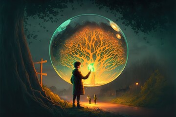 A boy with a magic glowing ball, fantasy illustration