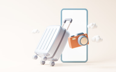 Cartoon style luggage with travel theme, 3d rendering.