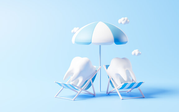 Tooth in the beach chair, 3d rendering.