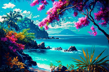 Fototapeta na wymiar Summer beach tropical Hawaiian paradise with colorful flora. Gorgeous landscape digital oil painting with bright sky, various flowers in full bloom, mountains, rocks and crystal blue ocean water.