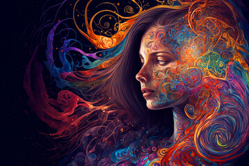 woman surrounded by swirls of color. Generative AI	
