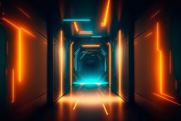 Abstract metallic light tunnel corridor with neon lights. Creating a hi-tech, sci-fi passageway with reflections. Technology glow in the dark background.