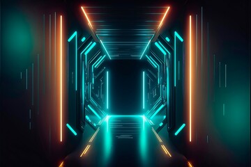 Abstract metallic light tunnel corridor with neon lights. Creating a hi-tech, sci-fi passageway with reflections. Technology glow in the dark background.