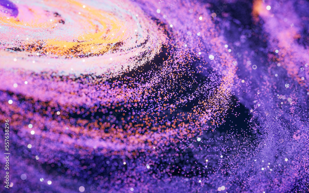 Poster colorful nebula with density glowing particles, 3d rendering.