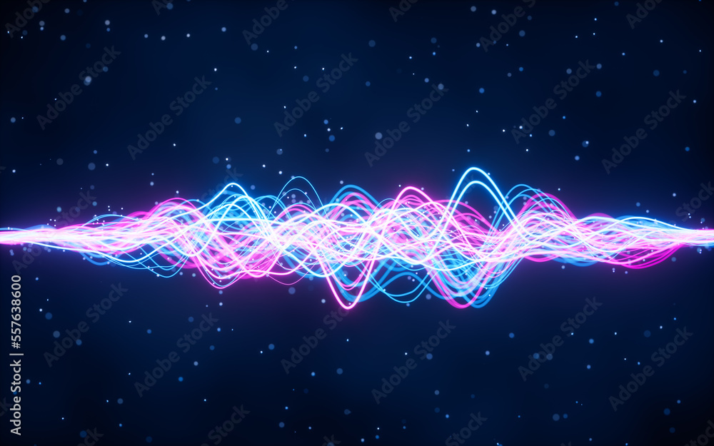 Poster abstract wave gradient curves and particles, 3d rendering.