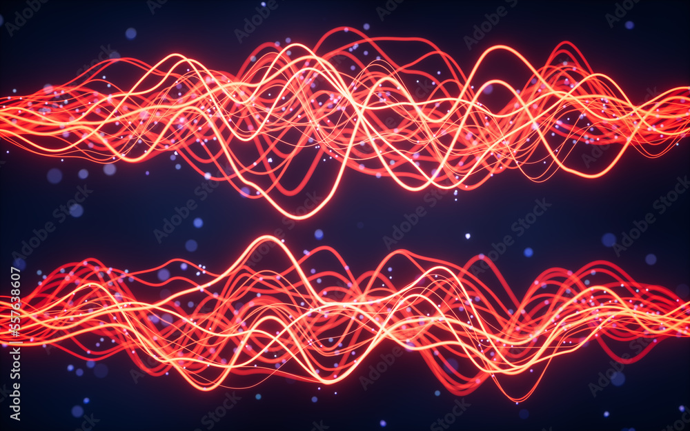 Poster abstract wave gradient curves and particles, 3d rendering.