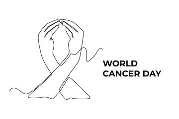 Continuous one line drawing hands forming a Heart sign for support against cancer. World cancer day concept. Single line draw design vector graphic illustration.