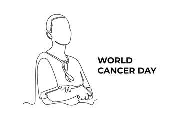 Continuous one line drawing woman struggle with ribbon as cancer symbol. World cancer day concept. Single line draw design vector graphic illustration.