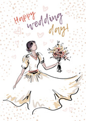 The bride with a bouquet of flowers. Watercolor Greeting card with a wedding day or a wedding anniversary. Wedding illustration with text happy wedding day