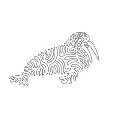 Continuous curve one line drawing abstract of adorable adult walrus have prominent tusks. Single line editable stroke vector illustration of big mammal for logo, wall decor and poster print decoration