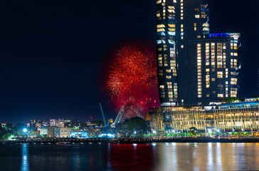 Sydney Harbour Bridge New Years Eve fireworks, colourful NYE fire works lighting the night skies with vivid multi colours NSW Australia. Happy New Year. New Year Eve