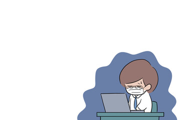 残業が辛い男性のイラスト　眼鏡をかけた男性　　デスクワーク　余白スペース　マスク　悪寒　体調不良　仕事辞めたい