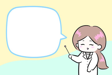 白衣を着て説明をする女性　ふきだし　指示棒を持つ女性　イラスト　余白スペース　コピースペース　医師　白衣