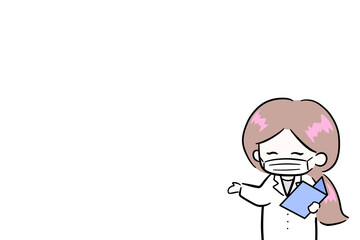 白衣を着て説明をする女性　マスクをしている女性　イラスト　余白スペース　コピースペース