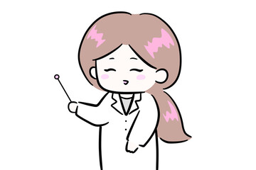 白衣を着て説明をする女性　指示棒を持つ女性　イラスト　余白スペース　コピースペース　医師　白衣