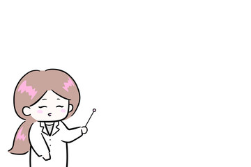 白衣を着て説明をする女性　指示棒を持つ女性　イラスト　余白スペース　コピースペース　医師　白衣
