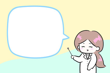 白衣を着て説明をする女性　指示棒を持つ女性　イラスト　ふきだし　余白スペース　コピースペース　医師　白衣
