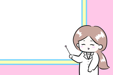 白衣を着て説明をする女性　指示棒を持つ女性　イラスト　余白スペース　コピースペース　医師　白衣