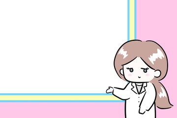 白いボードを指して説明をする女性　にこやかに説明する女性　イラスト　医師　ポップ　余白スペース　コピースペース
