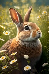 Fototapeta premium bunny in spring field, generated image