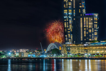 Sydney Harbour Bridge New Years Eve fireworks, colourful NYE fire works lighting the night skies with vivid multi colours NSW Australia. Happy New Year. New Year Eve