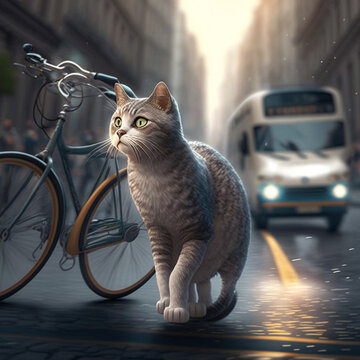 Image generated by artificial intelligence. A cat strolling through town with a bicycle parked nearby. 3D art