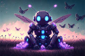 Cute purple robot in a field with moths