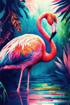 digital watercolor painting of a flamingo in the middle of tropical lakes in bright colors,  AI assisted finalized in Photoshop by me