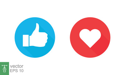 Thumbs up and heart, social media icon. Like, good, love symbol in blue and red circle button. Empathetic emotion reactions. Flat vector Illustration design isolated on white background. EPS 10.