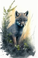 watercolor wolf cub in the forest,  AI assisted finalized in Photoshop by me