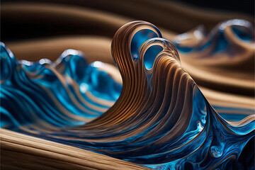 Abstract wavey flow shape made out of beautifully wooden and glass surface, Generative AI