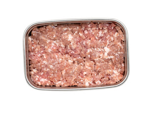 Isolated ground pork or minced pork in a stainless steel container on white background, above view.
