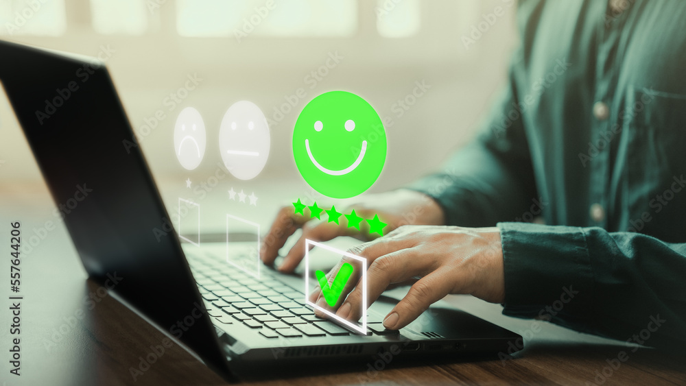 Poster man hand using computer laptop with popup five star icon for feedback review satisfaction service, t