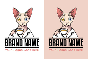 sphynx cat in pajamas enjoying coffee illustration logo
