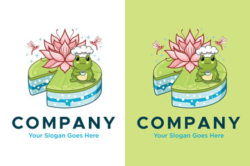 lotus leaf cake with cute frog chef illustration logo