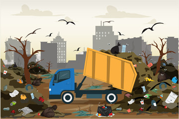 Soil pollution with toxic waste chemicals  garbage and plastic vector illustration